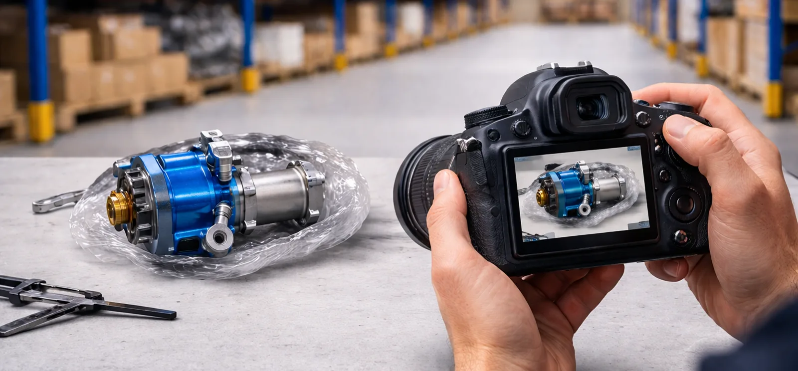 Photographing an aviation part with a camera before packaging
