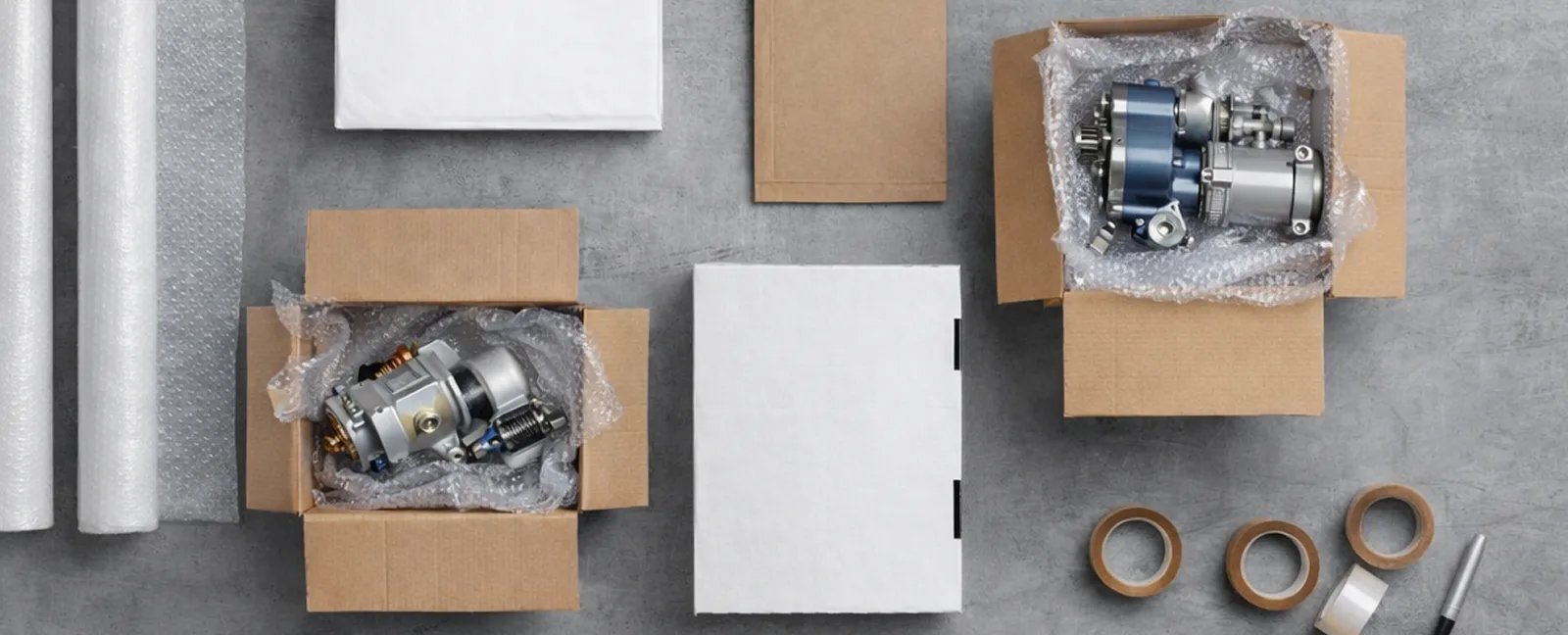 Aviation parts packed in cardboard boxes with protective material