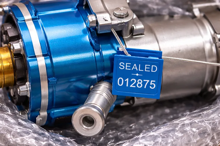 Close-up of a numbered security seal on a part
