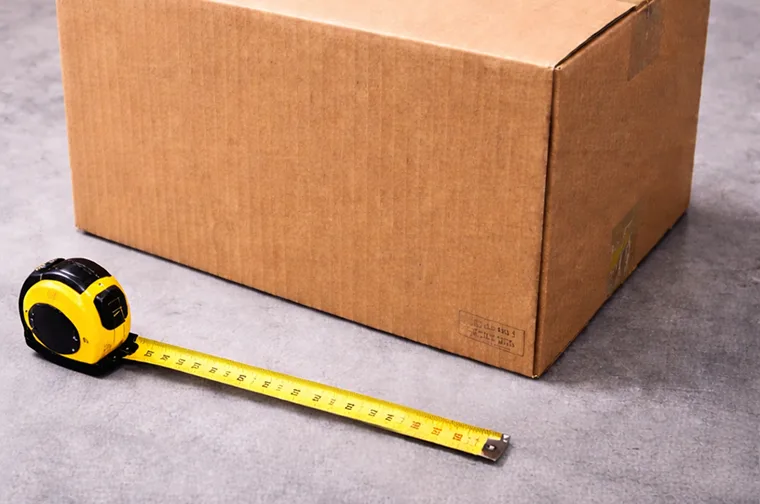 Measuring tape next to a sealed cardboard box