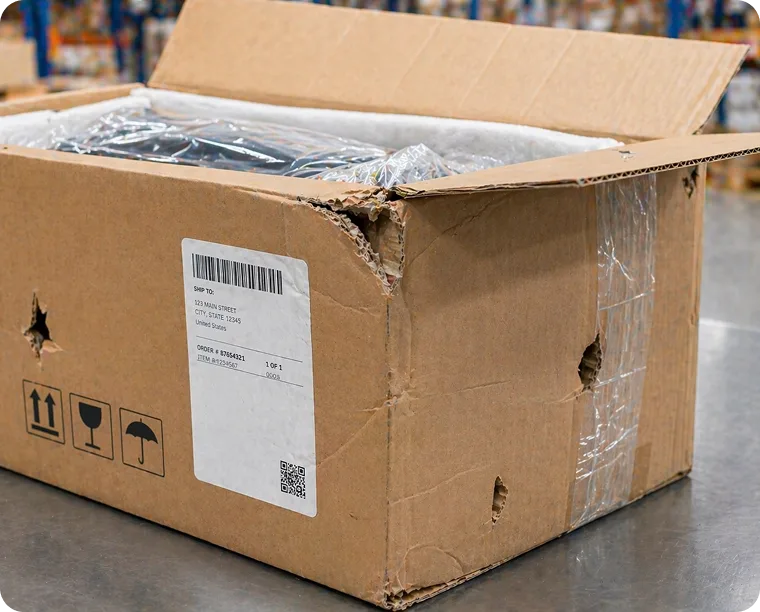 Damaged shipping box with visible tears