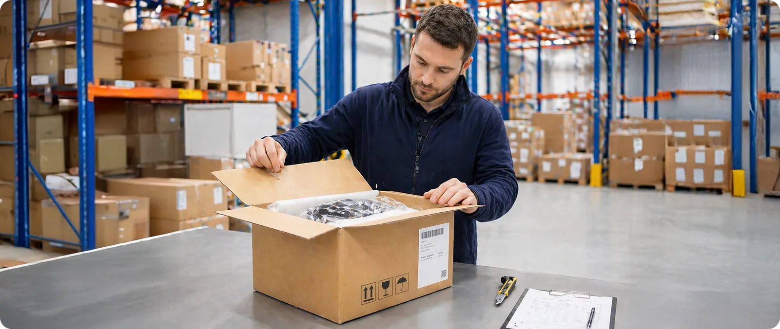 Warehouse worker inspecting a received package