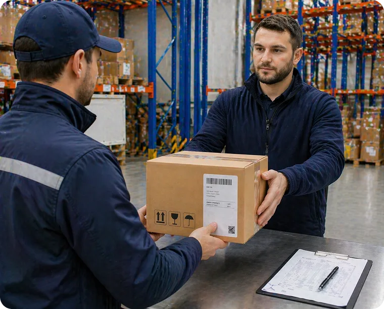 Handing the return package to a courier