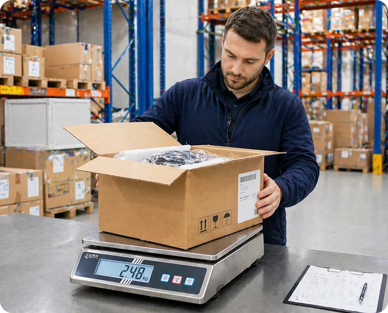 Weighing the package on a scale before opening